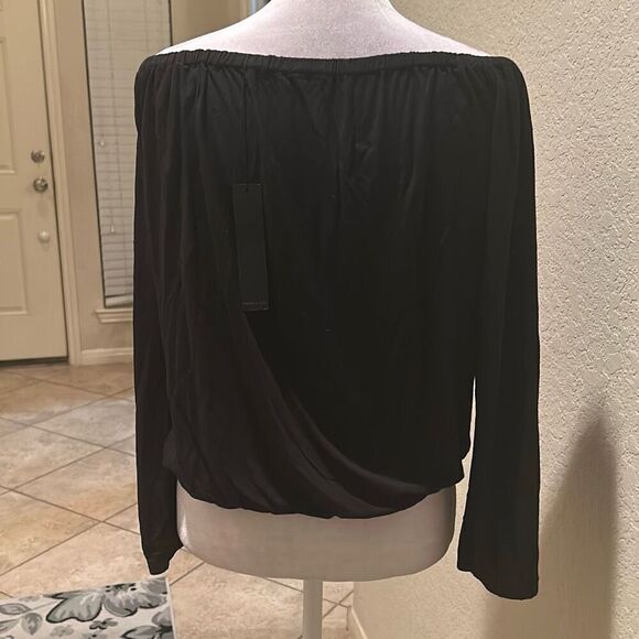 Krisa Women's S Wrapover Blouse Black Dressy Off Shoulder Micro Modal Top NWT - Picture 7 of 11